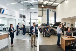 Driver comparing dealership and independent car service plans