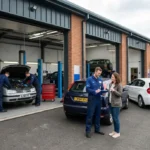 Exterior of a local UK car mechanic garage with vehicles being serviced