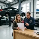 Customer discussing car servicing costs with a mechanic in a UK garage