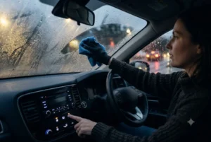 Driver clearing foggy windshield using car demister