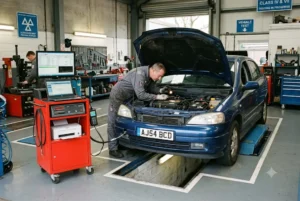 Car undergoing MOT inspection in a UK testing centre