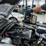 Mechanic performing oil change and replacing filter in car engine
