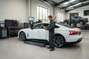 Audi service inspection and maintenance at a UK automotive workshop