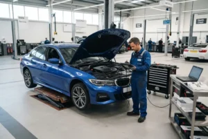 BMW service inspection and maintenance at a UK automotive workshop