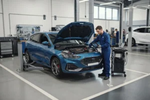 Ford service inspection and maintenance at a UK automotive workshop