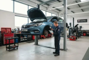 Vauxhall service inspection and maintenance at a UK automotive workshop