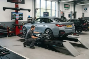 Wheel alignment service for a UK vehicle at a professional automotive workshop