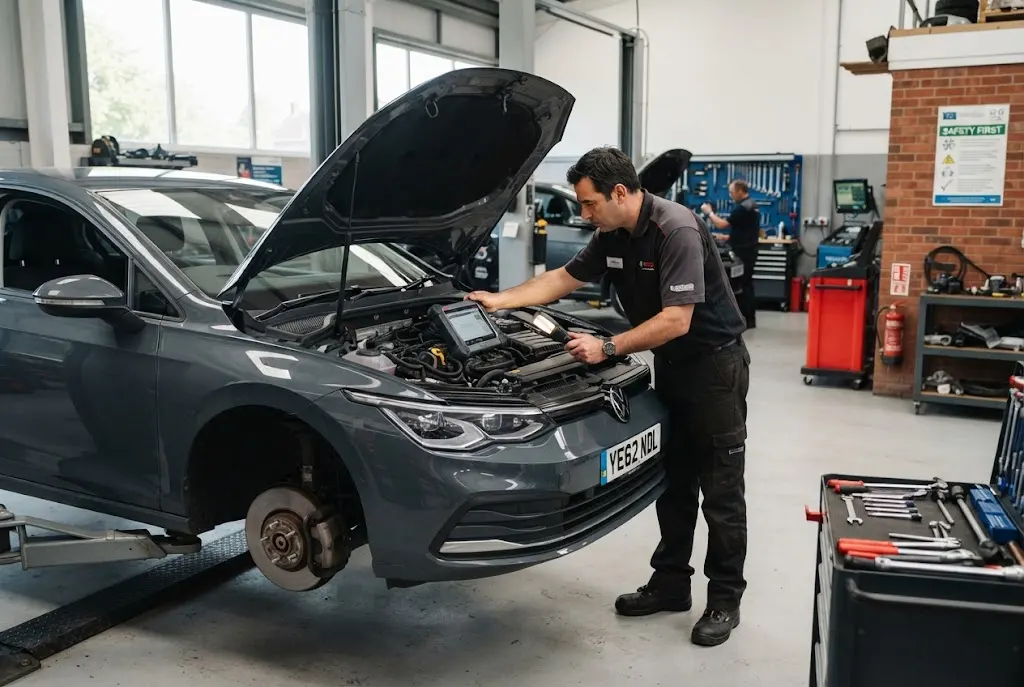 Auto care services inspection at a UK vehicle workshop