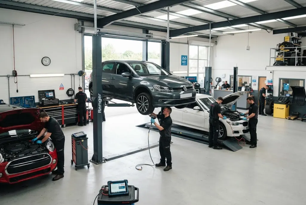Auto service garage workshop in Britain with vehicles being serviced