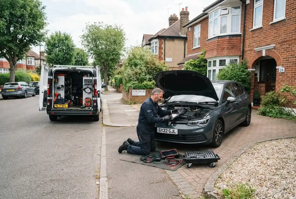 Mobile auto service mechanic working on a car in the UK