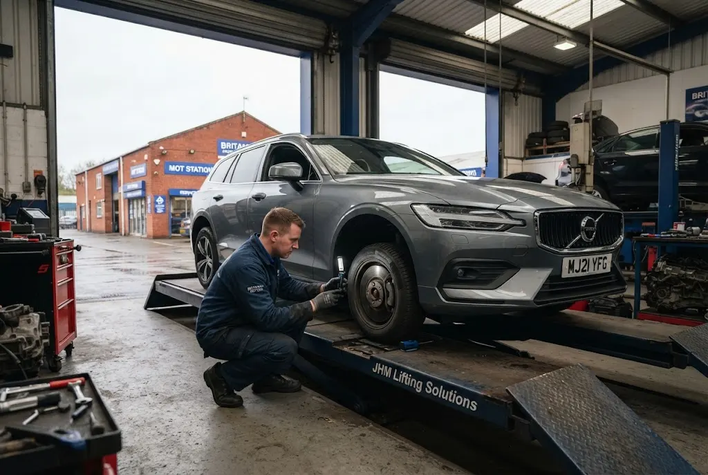 Vehicle maintenance checks at a UK automotive workshop