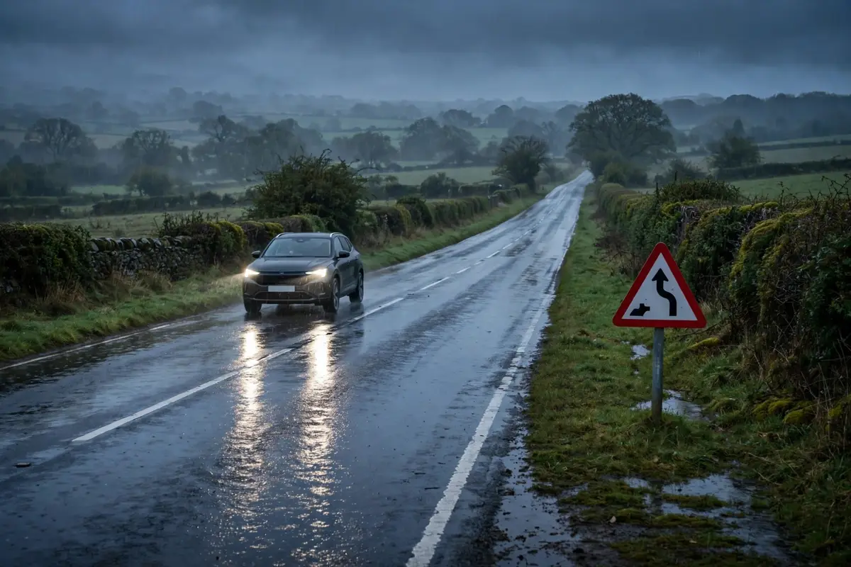 road safety on a wet UK road with a car using headlights in rainy conditions